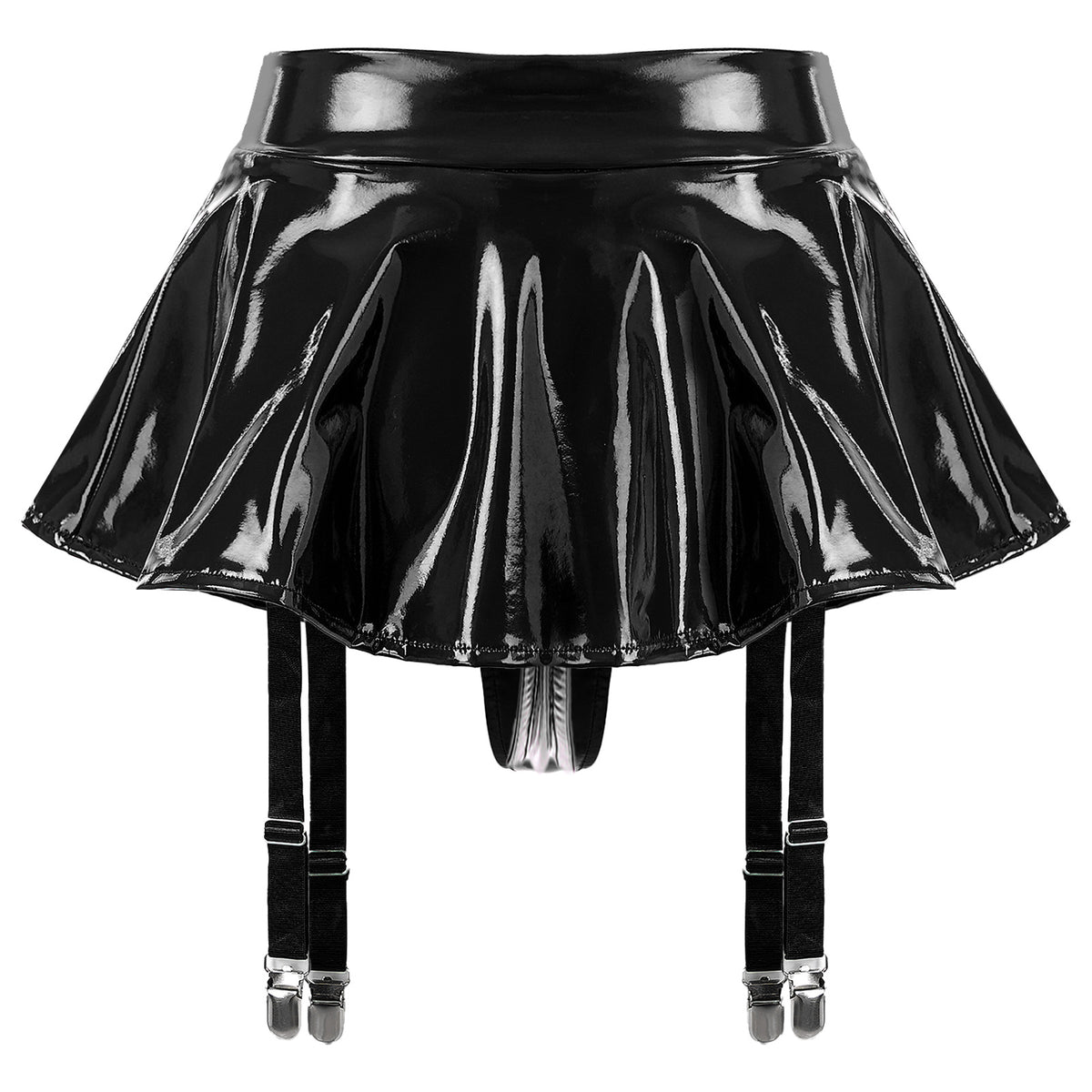 Sexy Women Wetlook PVC Leather Ruffled Skirts Party Low Waist Built-in Thongs Mini Skirt with Garter Belts Metal Clips Set Club