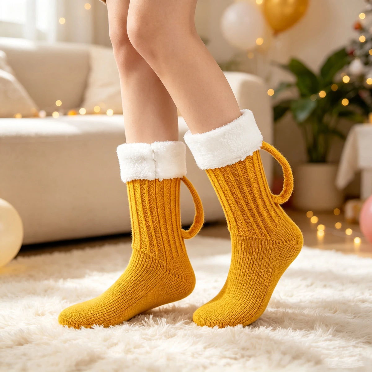 1 Pair Pack Beer Socks, Chunky Knit 3D Beer Mug Socks, Warm Winter Crew Socks, Non-Slip Floor Slipper Socks for Men Women