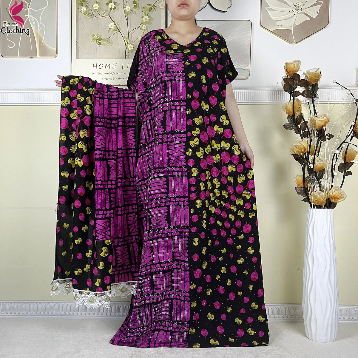 2025 New Summer Abaya Short Sleeve Dress With Big Scarf Printing Floral Loose Dress Islam Kaftan Women African Abaya Clothing