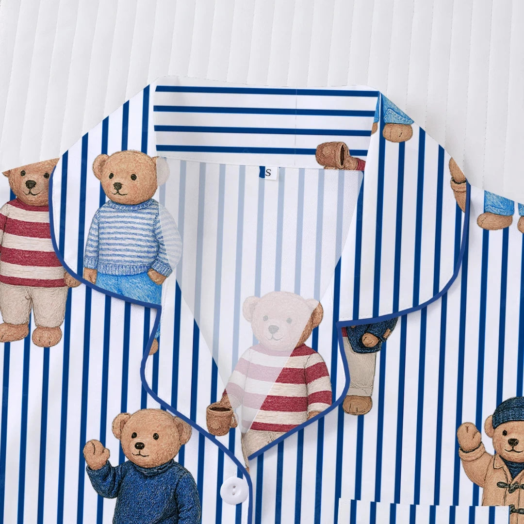 Women's Pajama with Bear Polka Point Stripes Print Blue Lapel Short Sleeve Short Pants Trousers Loungewear Home Wear Set Clothes