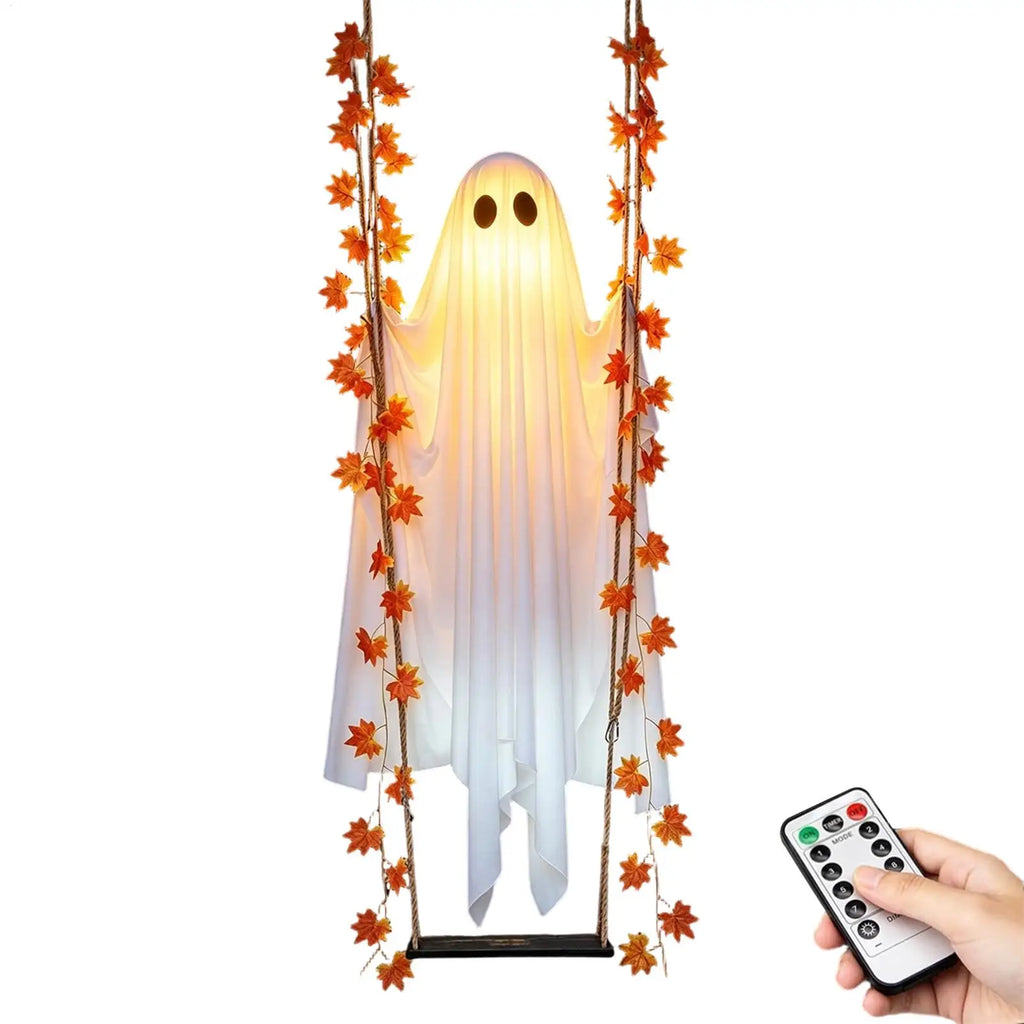 Halloween Swing Ghost Decoration Outdoor Hanging Ghost With LED String Lights Cute Large Ghost Swing Ornament For Garden Yard