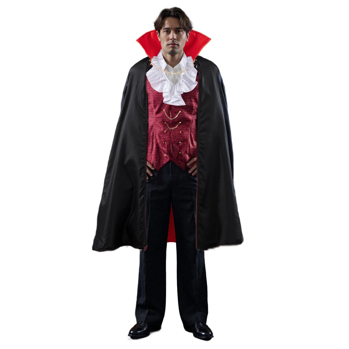 Men Vampire Costumes Long Sleeve Shirts with Attached Vests and Cloak Set for Halloween Cosplay Party Outfits