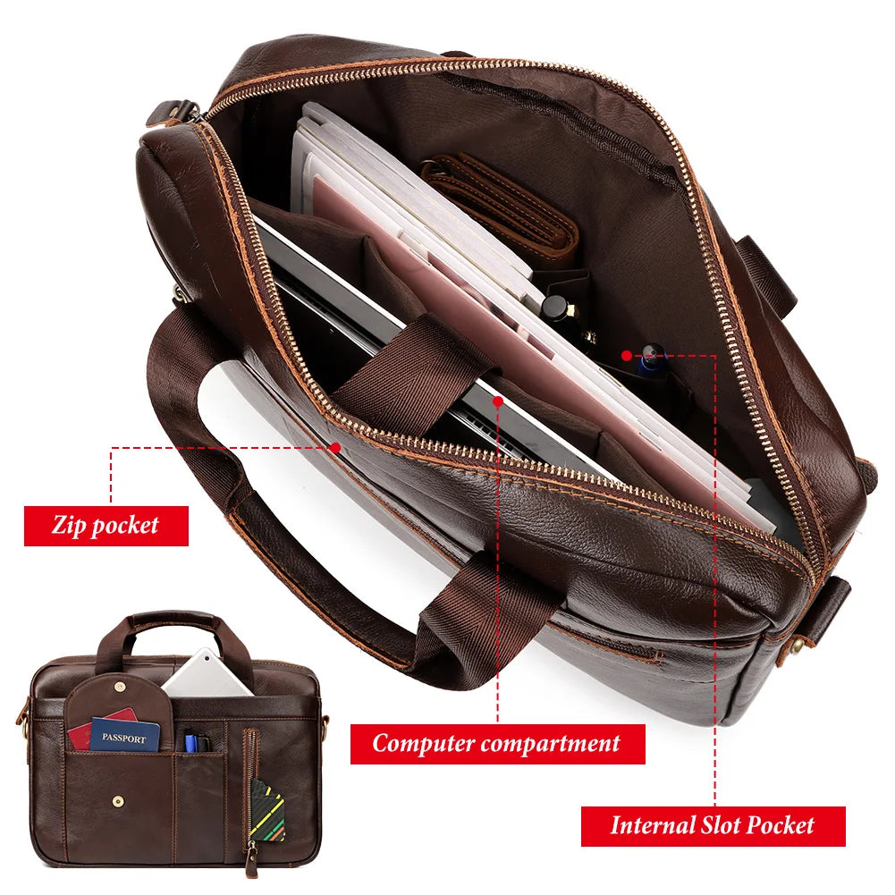 HUMERPAUL Men's Briefcase Bag Top Layer Leather Handcrafted Laptop Bag with Multiple Compartments Business Shoulder Messenger