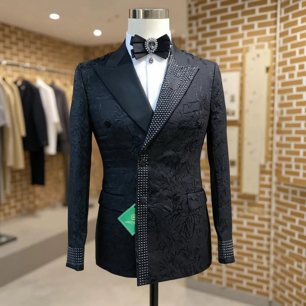 Beaded Floral Men Suits Double Breasted Business Formal Wedding Tuxedos Grooms Party Prom Male Suit Set 2 Pieces Blazer Pants