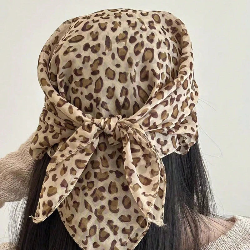 Retro Leopard Print Square Scarf for Women Satin Thin Edge Scarves Head Band Fashion Y2K Lady Hair Shawl Wrap Female Neckerchief