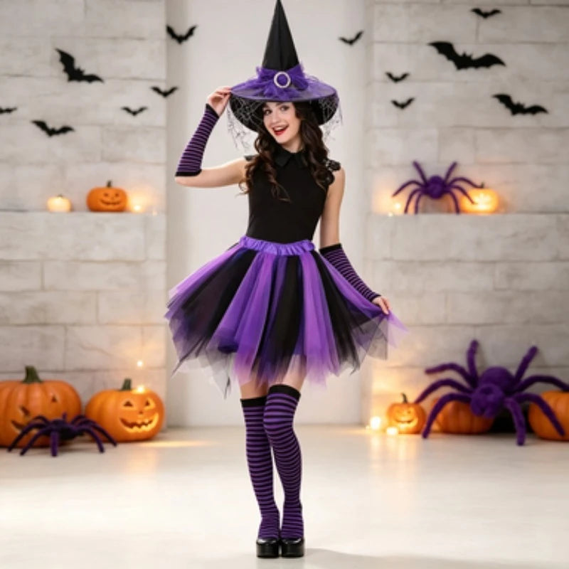 Halloween Witch Costume Set Witch Hat Striped Tights Tutu Skirt Party Fancy Dress Outfit for Holiday Cosplay Dress Up