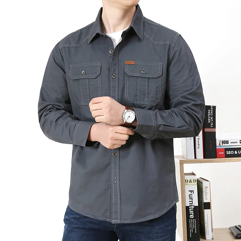 100% Cotton High Quality Spring Fall Fashion Men's Long-Sleeve Solid Color Casual Shirt Multi Pocket 6XL Large Size Cargo Jacket