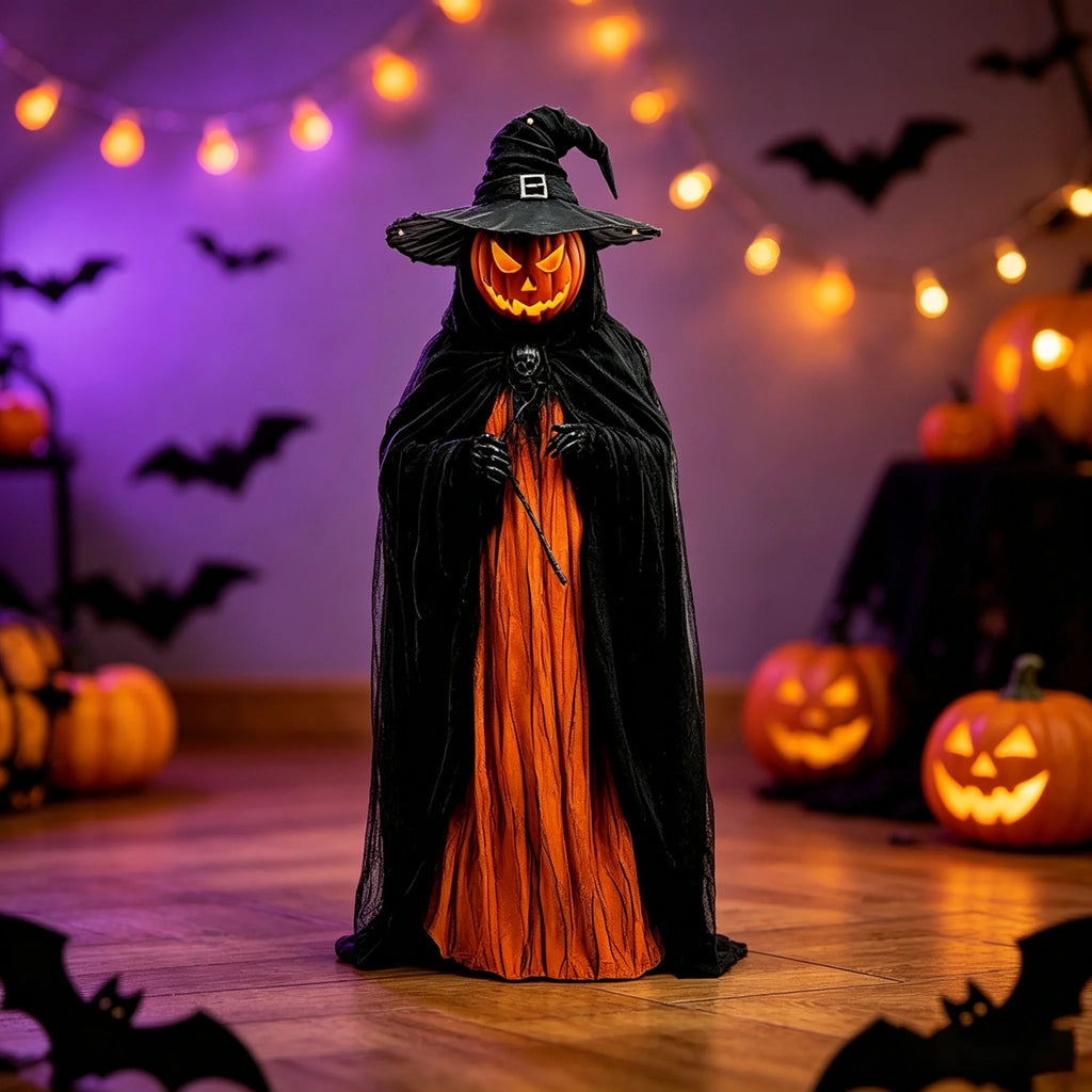 Halloween Pumpkin Head Witch Cloak Decor, Jack-o'-Lantern Witch Statue with Black Hat and Cape, Spooky Holiday Ornament for Home