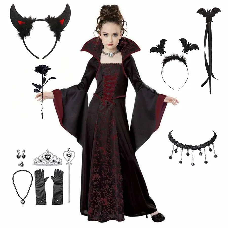 Halloween Costume for Kids Halloween Fantasy Vampire Costume Girls Long Tutu Dress Kids Carnival Outfit Gothic Feather Clothes