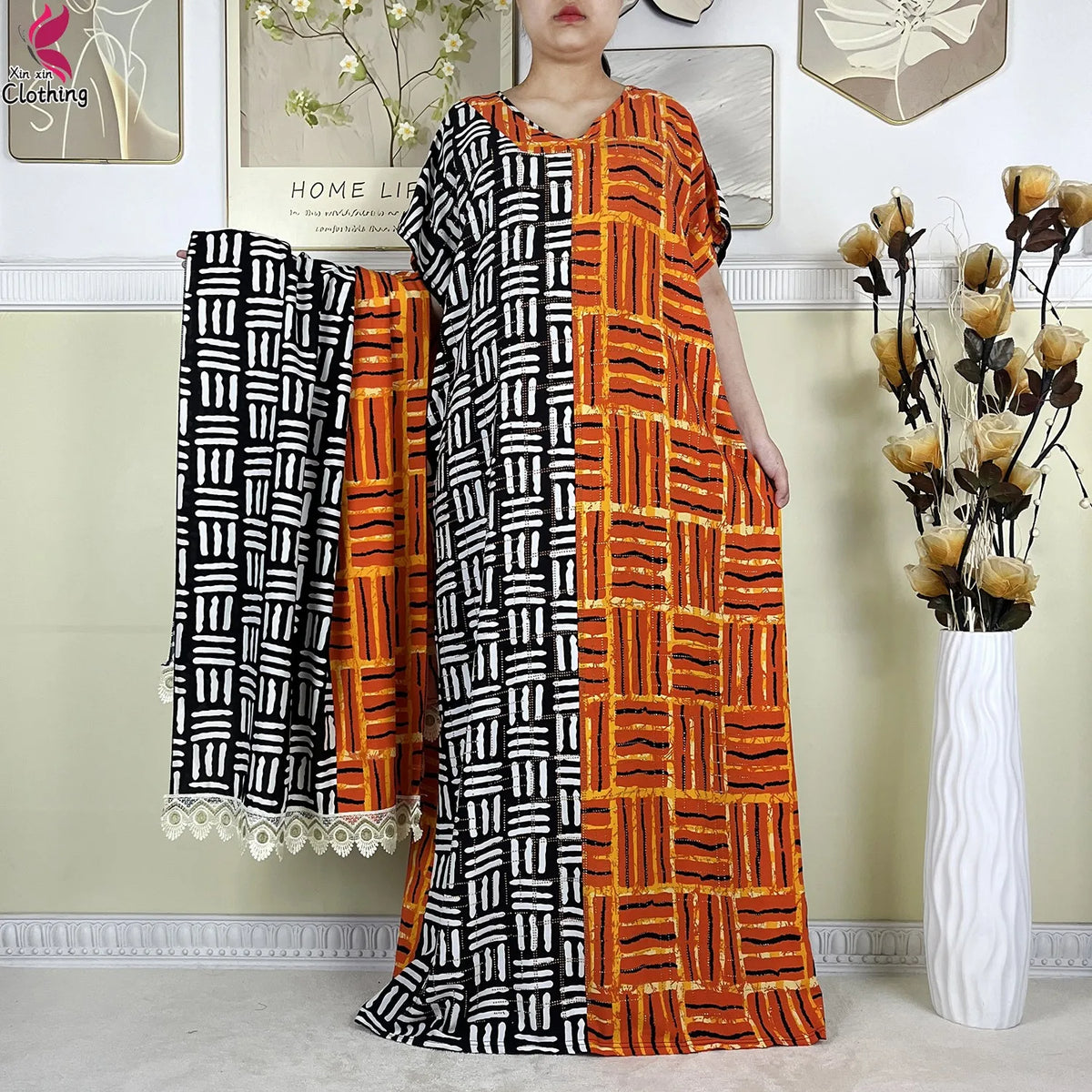 2025 New Summer Abaya Short Sleeve Dress With Big Scarf Printing Floral Loose Dress Islam Kaftan Women African Abaya Clothing