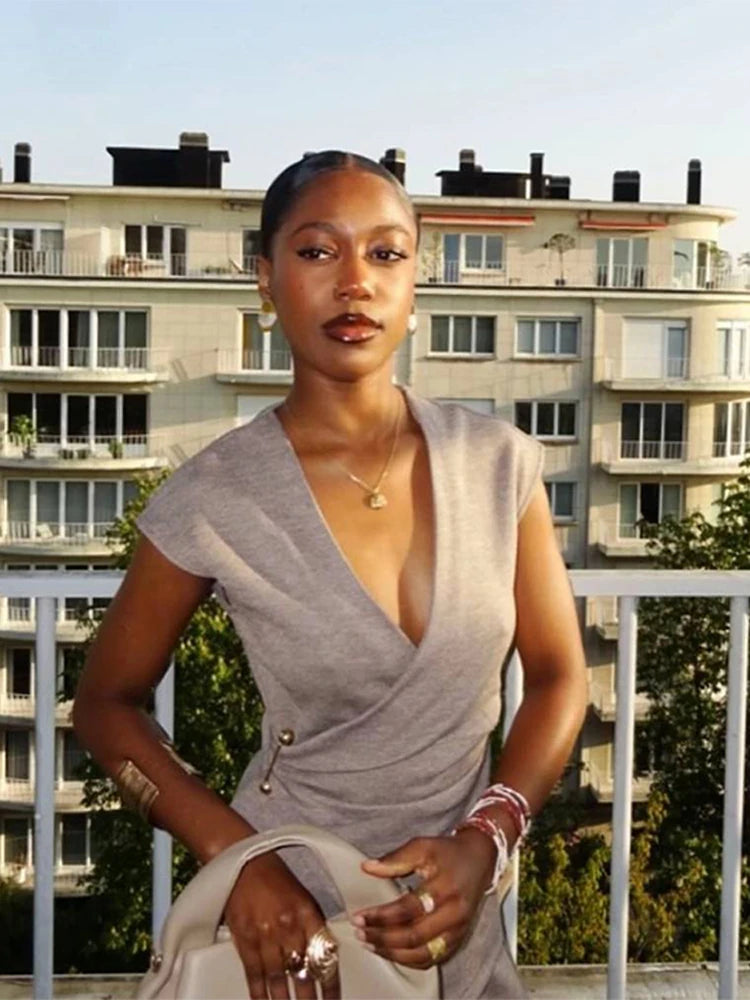 Pin Double Breasted V-neck Top Pants Women's Set Sleeveless Top Wide Leg Mid Waist Trousers Spring Summer Commuting Office Suit