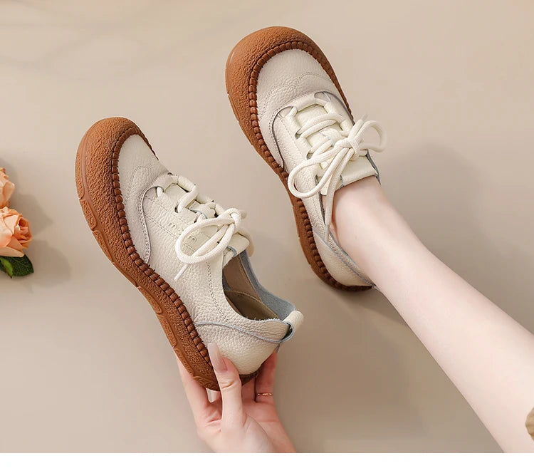 New real leather handmade shoes for women all season oxfords flats woman laced up moccasins cozy mom boat shoes round toe flats