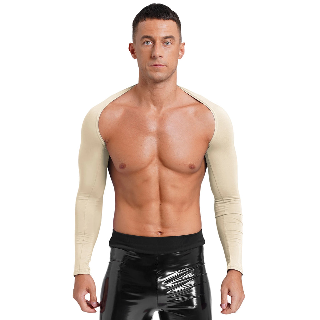 Men Open Front Half Crop Top Solid Long Sleeve Cardigan Bolero Shrug Tops Muscle Arm Sleeves Workout Sports Gym Tops Clubwear