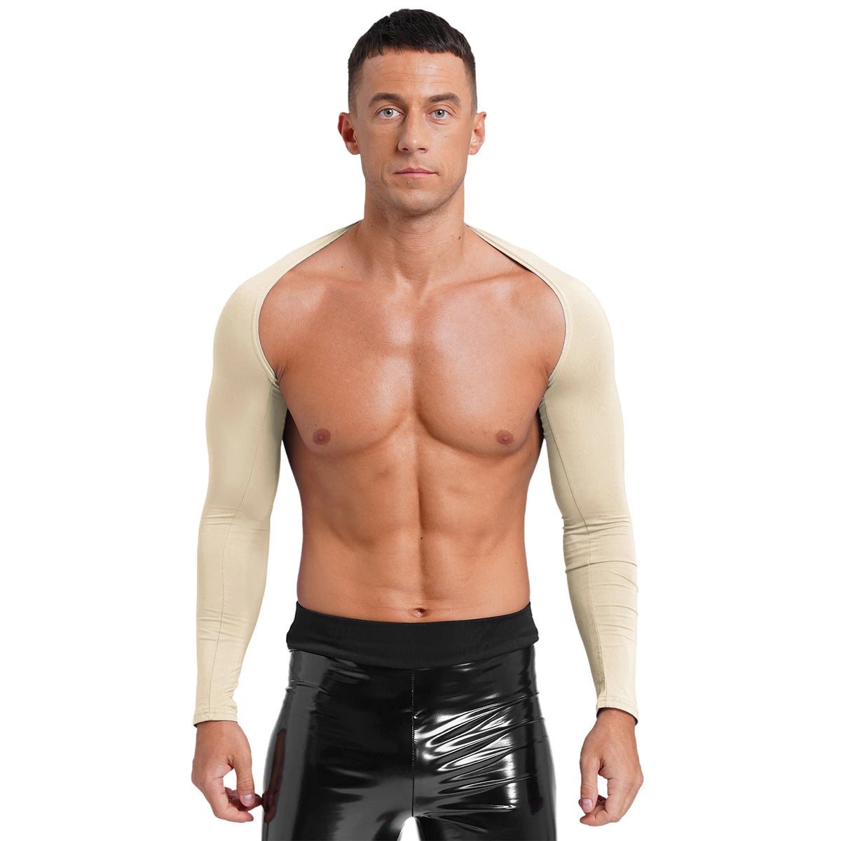 Men Open Front Half Crop Top Solid Long Sleeve Cardigan Bolero Shrug Tops Muscle Arm Sleeves Workout Sports Gym Tops Clubwear