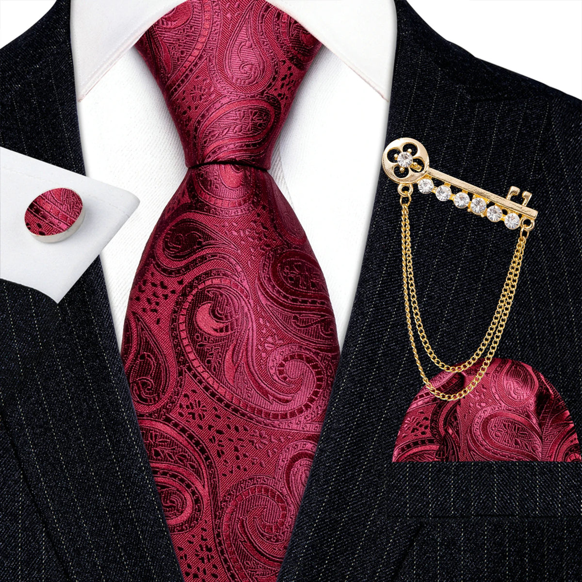 Burgundy Mens Tie Hanky Cufflinks Brooch Set Jacquard Red Wine Maroon Necktie Collar Pin For Male Wedding Events