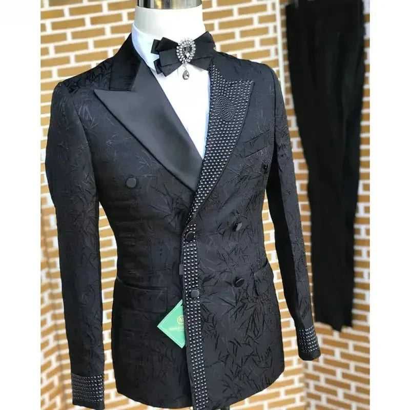 Beaded Floral Men Suits Double Breasted Business Formal Wedding Tuxedos Grooms Party Prom Male Suit Set 2 Pieces Blazer Pants