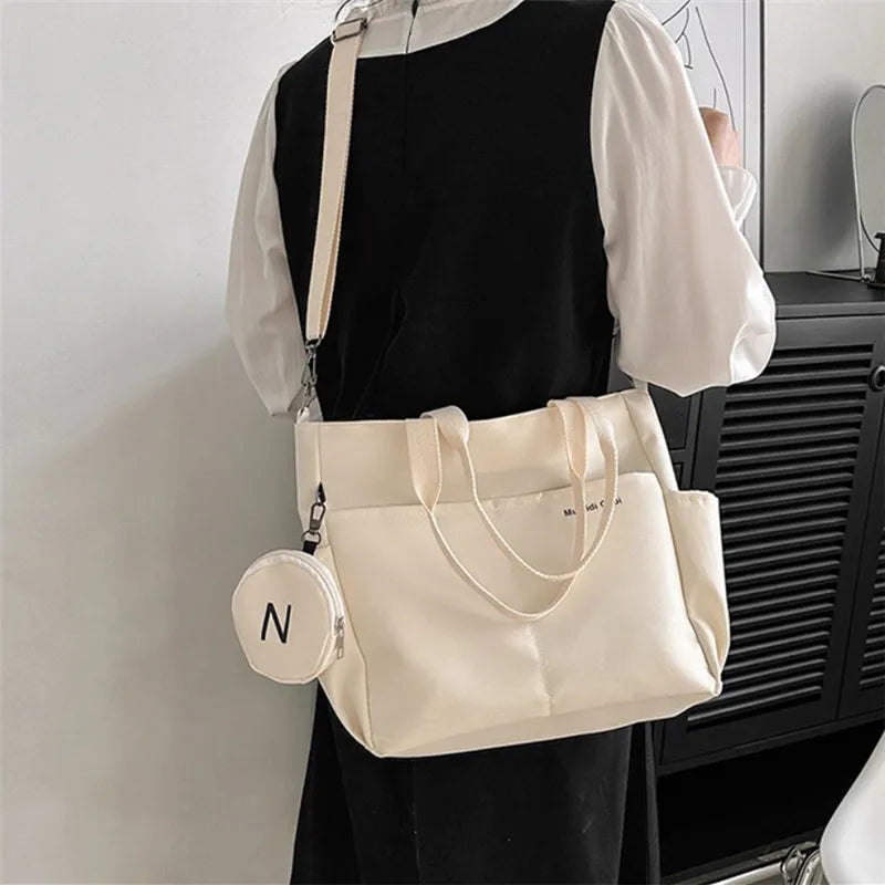Oxford Design Double Sided Pocket Tote Bag Teen Women Large Capacity Handbag Single Shoulder Crossbody Bag with Round Coin Purse