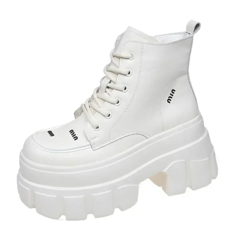 9CM Autumn High Platform Leather Boots Wedge Heels Ankle Boots Winter Women Lace-up Warm Shoes Motorcycle Chunky Sneakers Woman