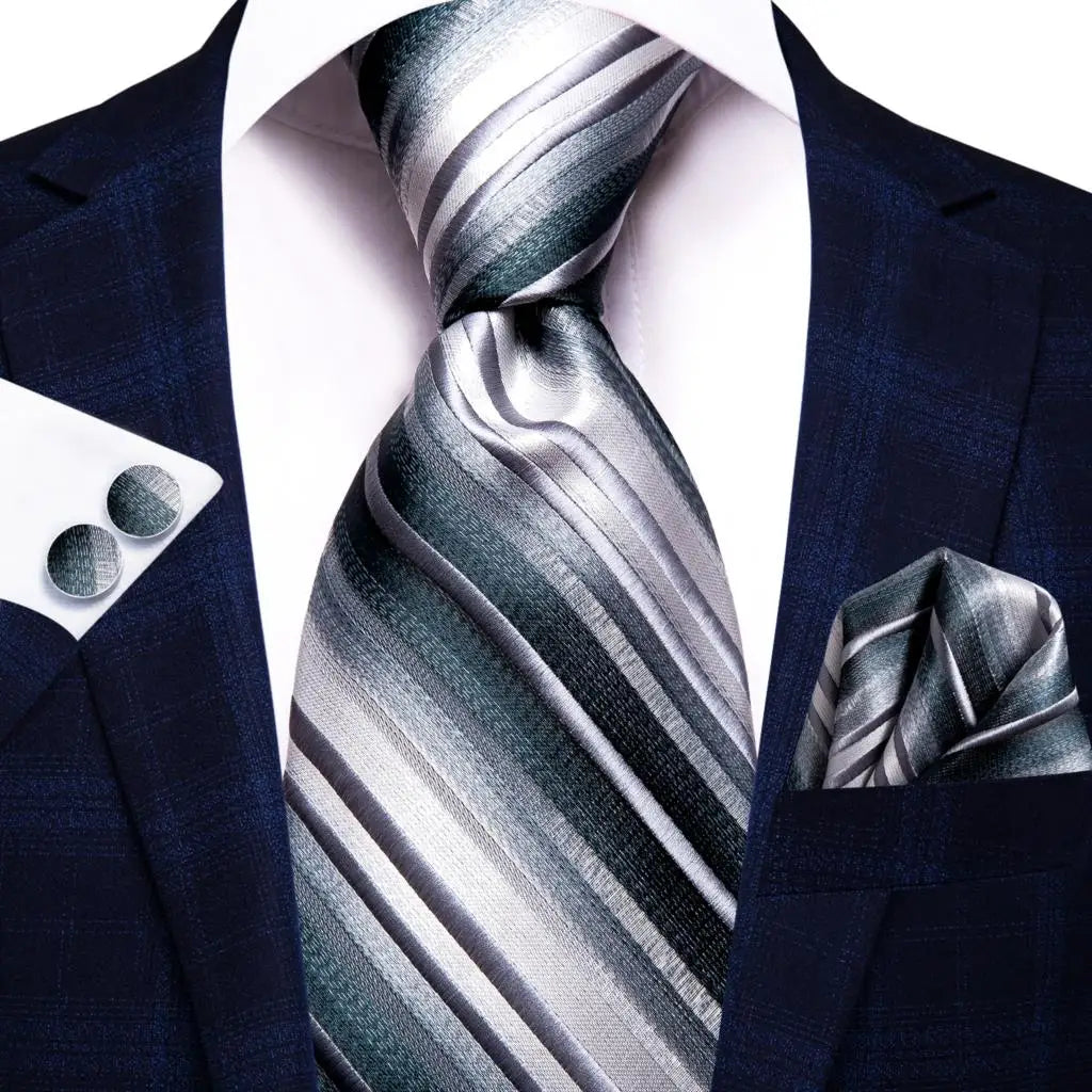 Hi-Tie White Grey Paisley 2026 New Mens Tie Hanky Cufflink Set Necktie For Men Wedding Party Business Men Tie Fashion Brand
