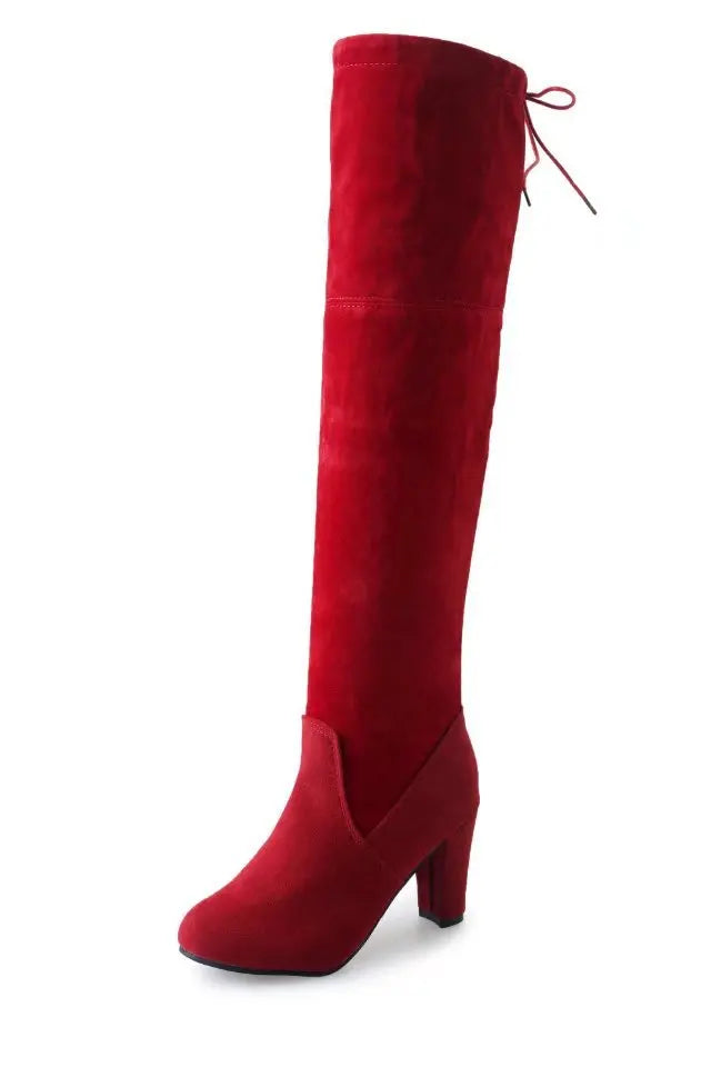 Suede Female Heels Autumn/ winter Zipper Elastic Knee-high Boots for Women Tube Lace-up Thigh Boots Black Botas