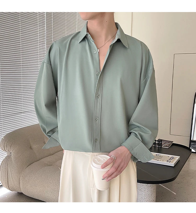 White Long Sleeved Shirt Men Oversized Fashion Social Mens Dress Shirt Korean Loose Ice Silk Shirt Mens Office Formal Shirts