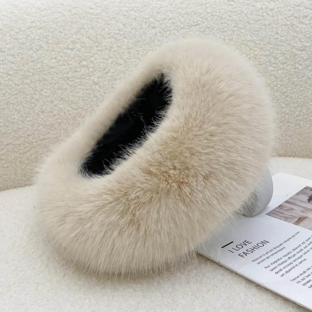 Fashion Thick Turban Hat Keep Warm Solid Color Wide Headwrap Imitation Fox Fur Elastic Ski Hats Winter
