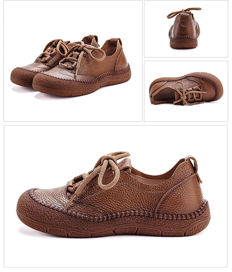 New real leather handmade shoes for women all season oxfords flats woman laced up moccasins cozy mom boat shoes round toe flats