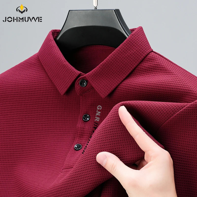 Men's Waffle Long Sleeved POLO Shirt with Letter Printed Lapel Casual Top