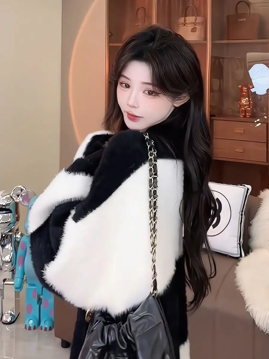 Women Mink Fur Knitted Cardigans Sweaters Autumn Winter Loose Sweet Fashion Stripe Lantern Sleeve Thicken Contrast Color Coats