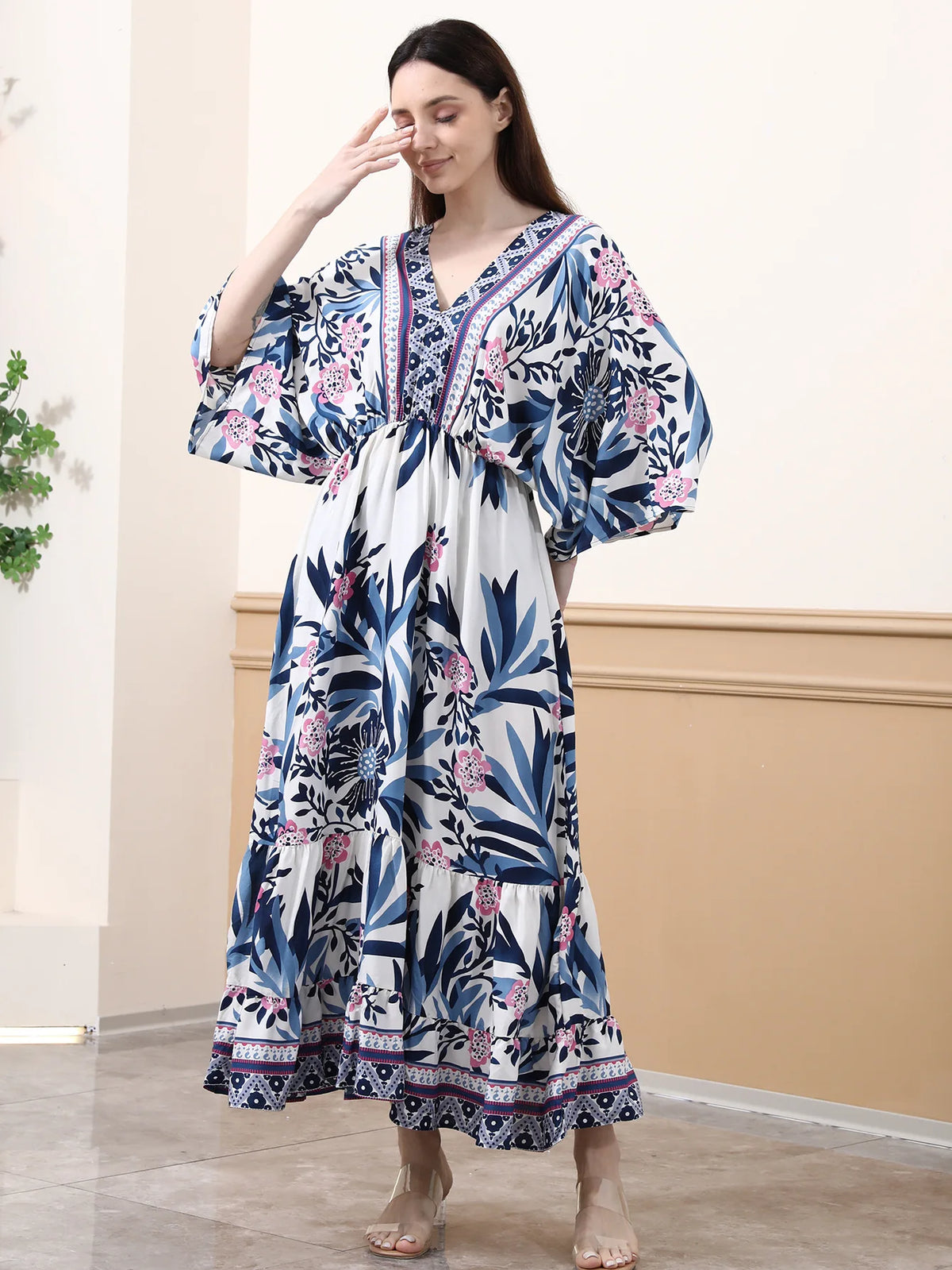 Bohemian Oversize Loose Elastic Waist Maxi Dresses Women Robe Cotton Rayon Floral Printed Long Dress Summer Boho Beach Cover up