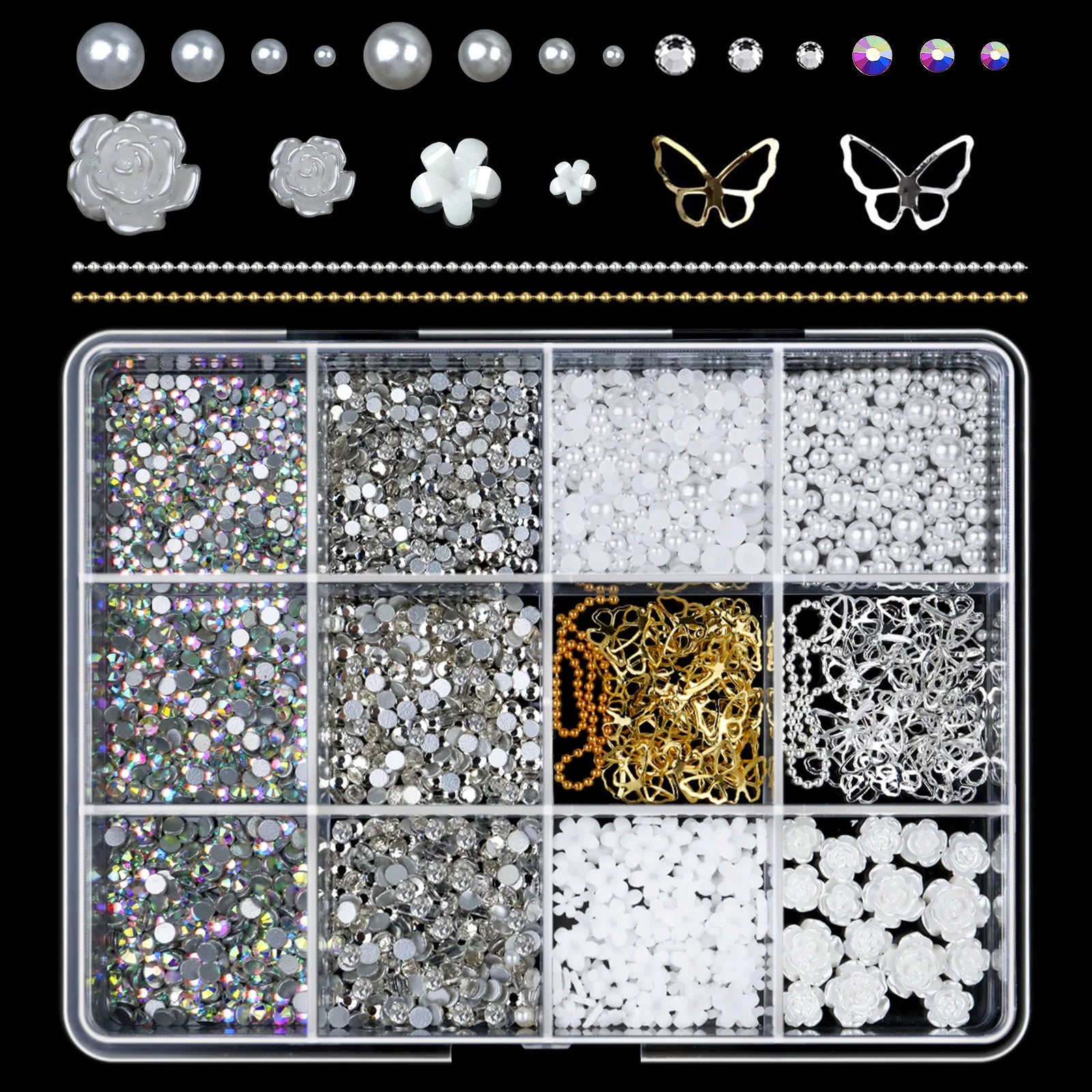12Grids Mixed Resin Bowknot Nail Art Decorations 3D Aurora Ribbon Bow AB Rhinestones Pearl Flowers Nail Charms DIY Manicure Part