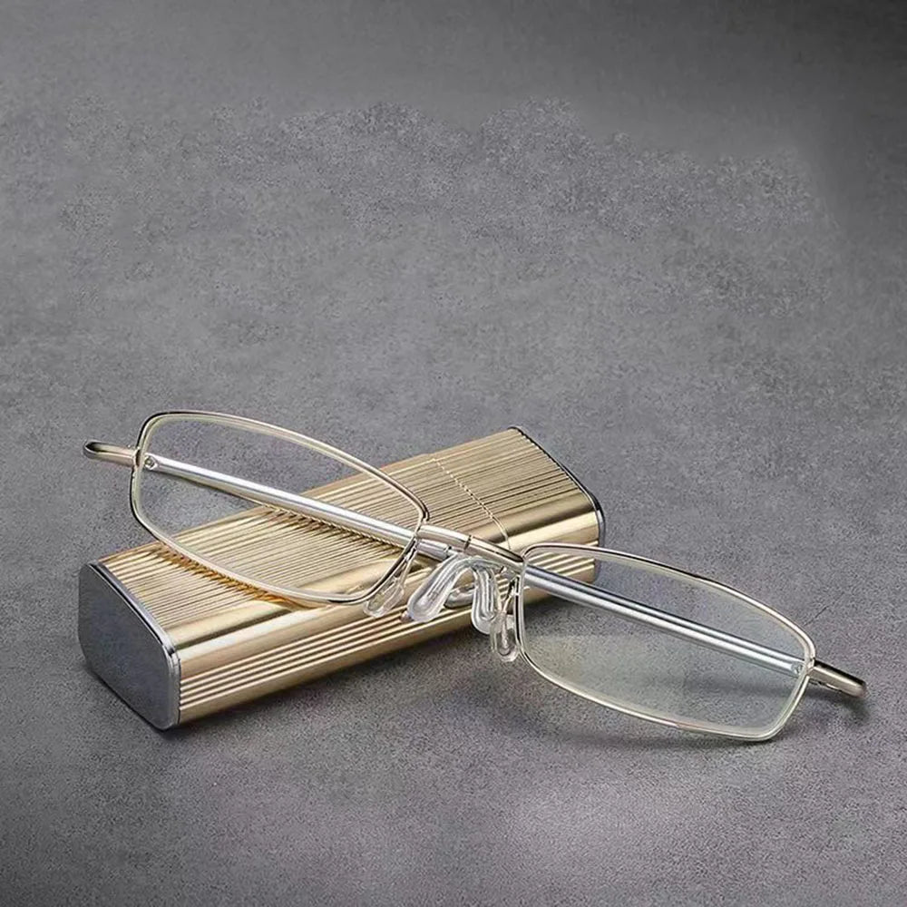 KLASSNUM Foldable Portable Mini Reading Glasses Men Luxury Aluminum Box Plus Reading Glasses Magnifing Lens +1.0+1.5+2.0 2.5 3.0