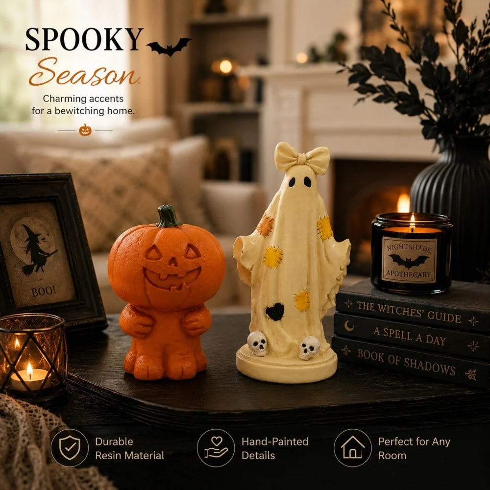 Halloween Pumpkin Man Ornament, Resin Trendy Collectible Figurine, Patchwork Ghost Desktop Decor for Home Holiday Party Decor