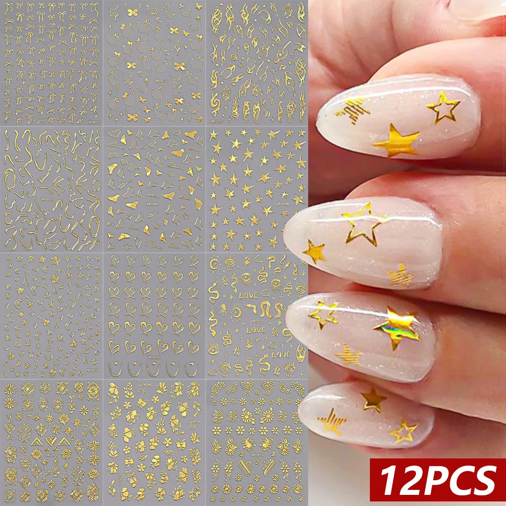 12Pcs 3D Laser Silver Star Heart Geometry Lines Nail Stickers Pentagram,Moon,Snake,Flower Slider Self-adhesive Manicure Decals＆
