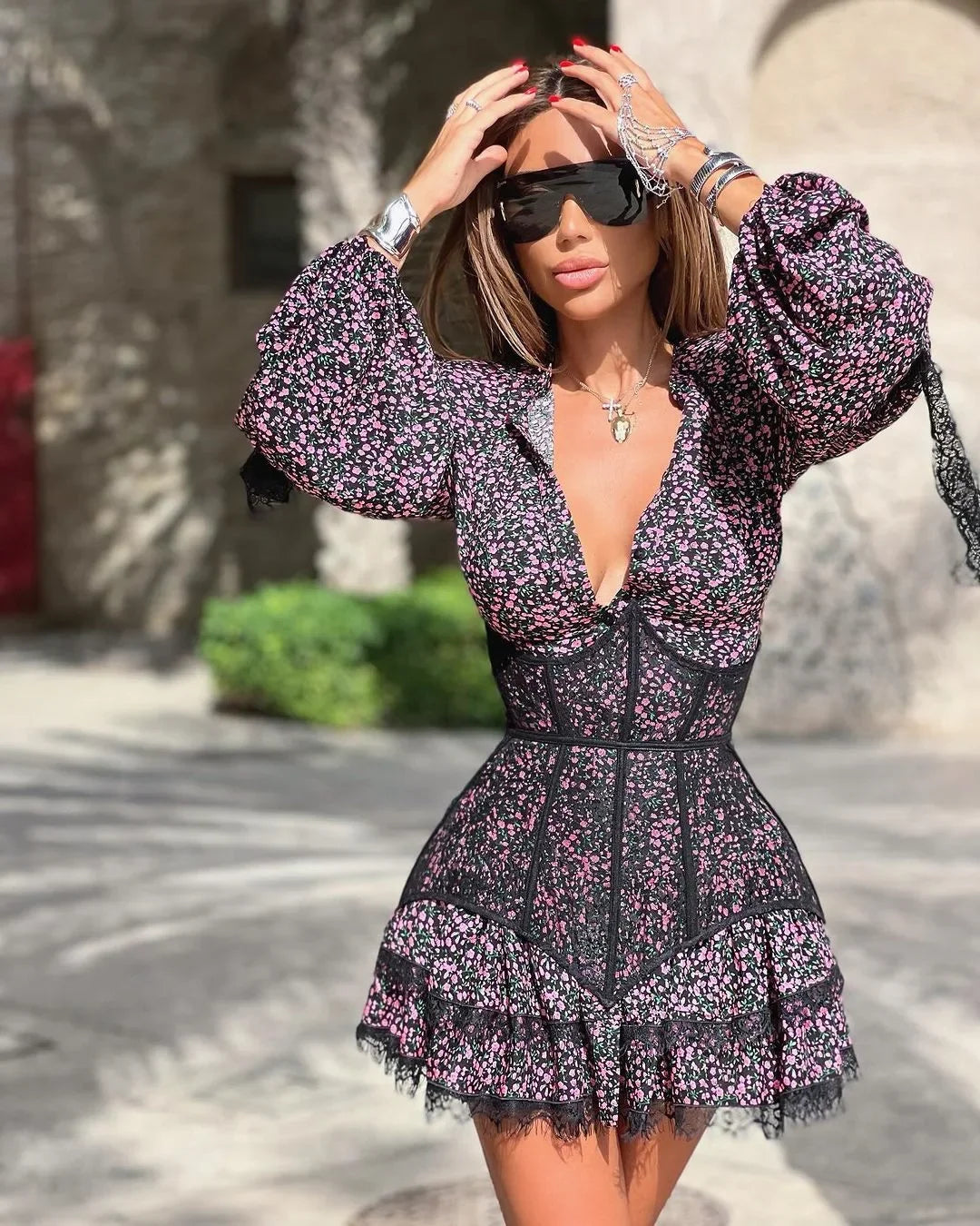 TARUXY V-Neck Printed Mini Lace Dress Female Ruffled Fashion High Waist Long Sleeve Splice Contrast Slim Fit Bandage Party Dress