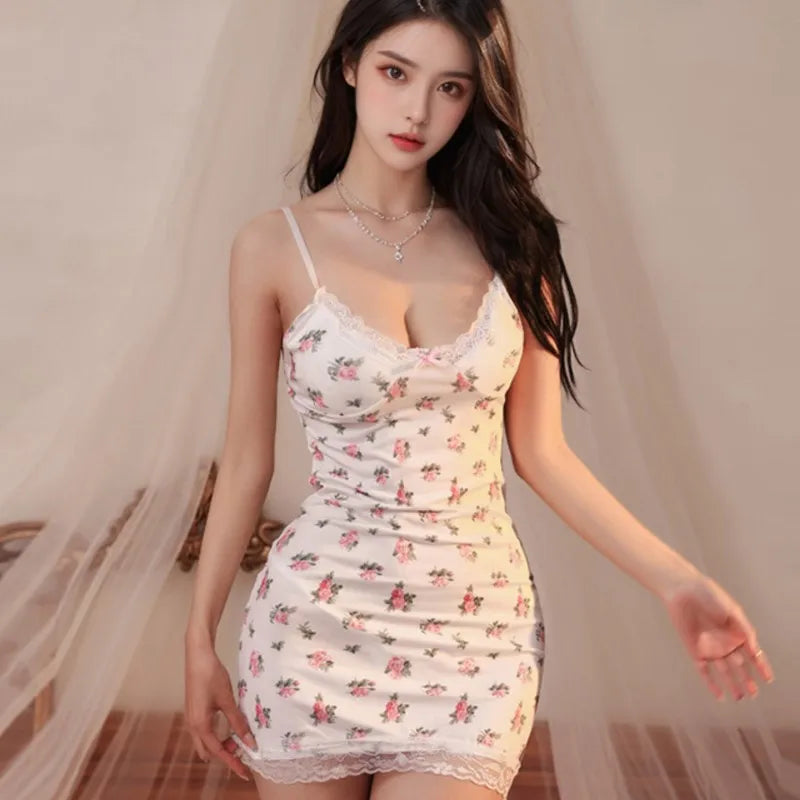 Nightgown Fragmented lace lace lace lace deep V-belt short skirt Babydoll Sleepwear Lingerie Pajamas dress sexy bhs Sexy nightie