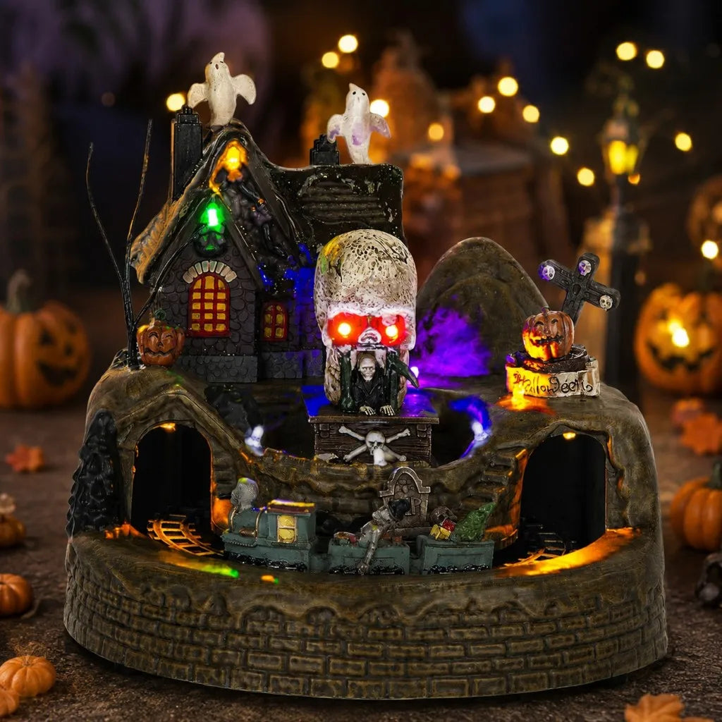 Halloween Holiday Village Train Decor with LED Lights Music Spooky Ghost & Skeleton Figurines, Festive Haunted House Decoration