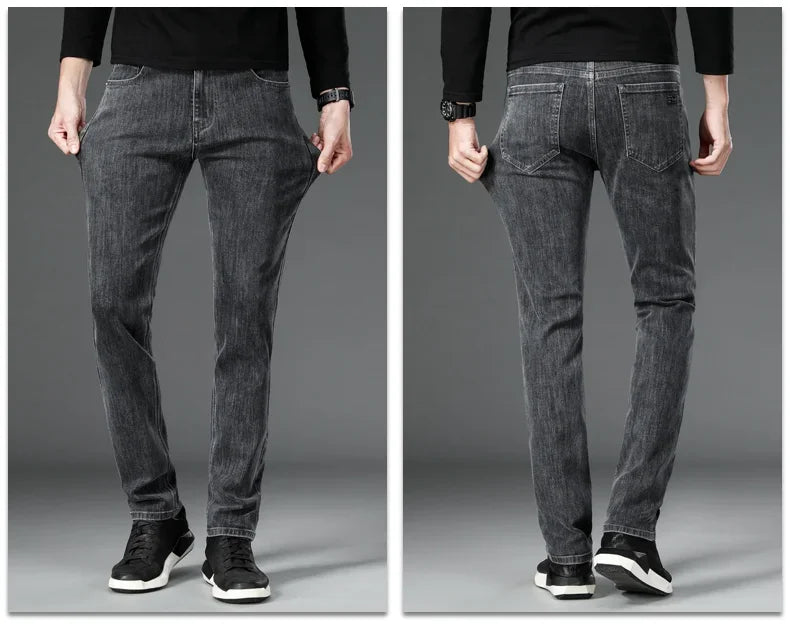 2025 New Autumn Men's Stretch Slim Jeans Straight Leg Casual Denim Trousers Male Business High Quality Classic Blue Gray Black