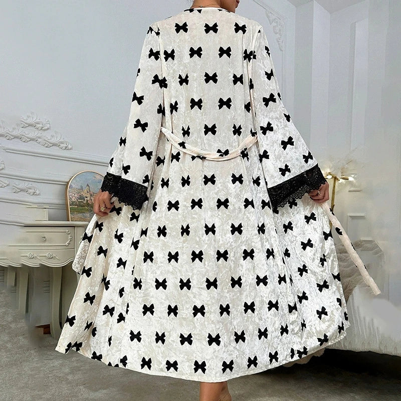Women Soft Velour Robe Lace Tirm Kimono Intimate Lingerie Long Nightgown Sleepwear Wedding Bride Party Gift Loungewear Nightwear