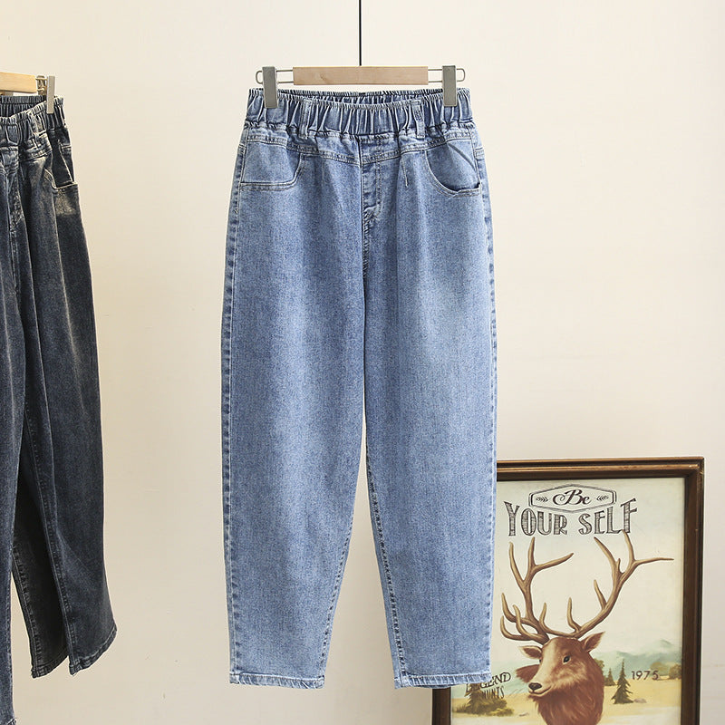 L-6XL Plus Large Size Baggy Jeans Women High Waisted Jeans Woman Mom Jeans Loose Denim Harem Pants Elastic Waist Blue