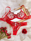 Valentine's Day Lingerie Ultra Sexy Yellow Flower Embroidery Sheer Bra And Panty Set Thin Cup Women's Bikini 2 Piece Underwear