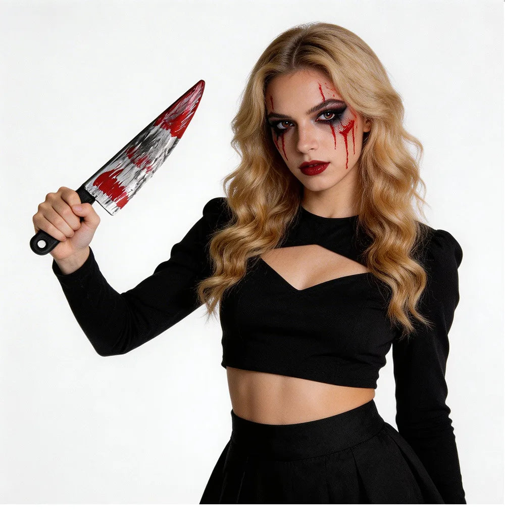 Halloween realistic props - blood-spreading axes, chainsaws, plastic knives for costumes, party cosplay props