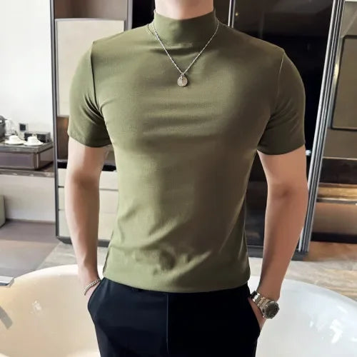 Spring Summer Men's Half High Neck Short Sleeve T-shirt Korean Slim Fit Solid Color Bottom Shirt Casual Cotton Elastic T-shirts