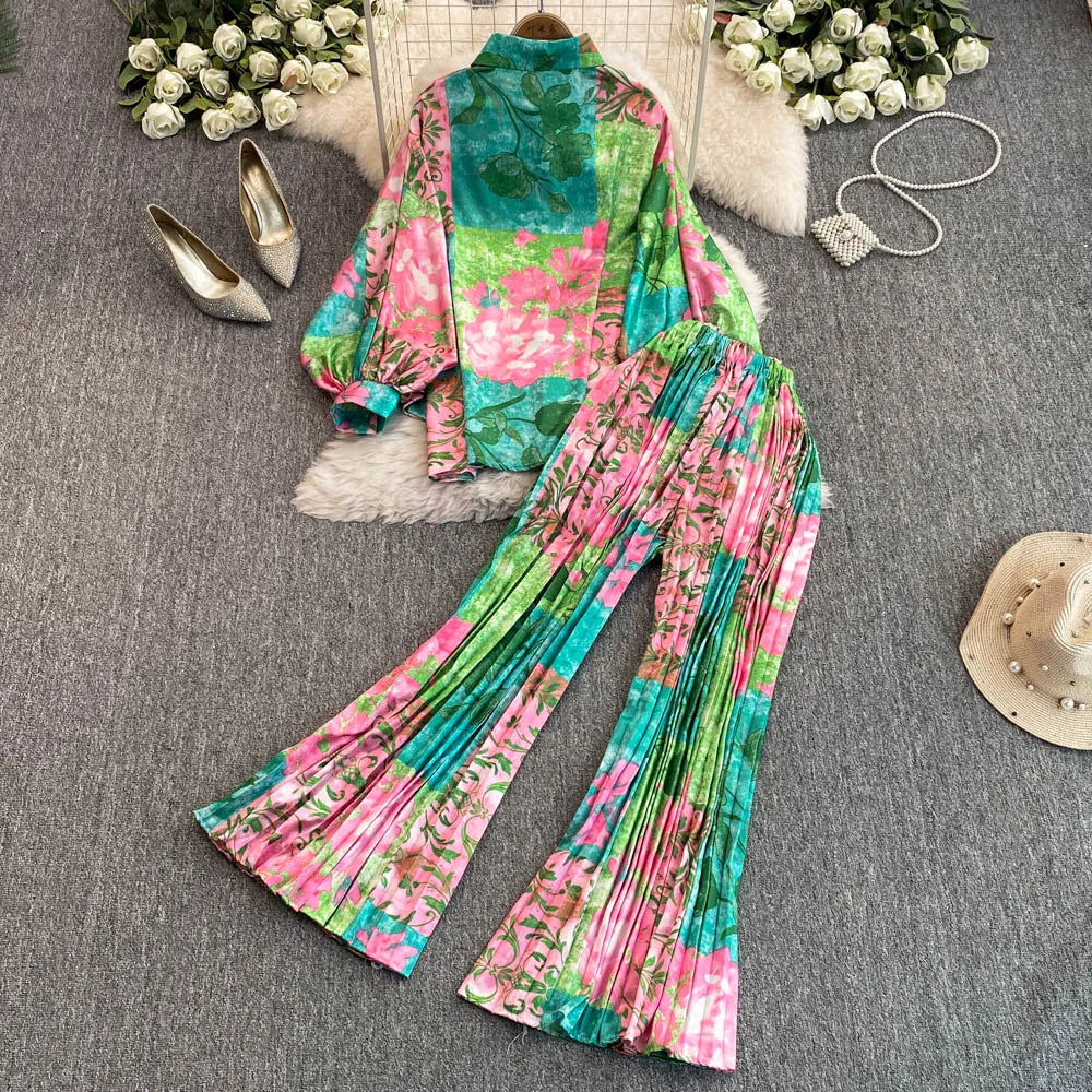 Elegant For Women's Fashion Sets Casual Long Sleeve Shirt Straight Pants Suit Female 2024 Loose Print Tops Two Pieces Outfits
