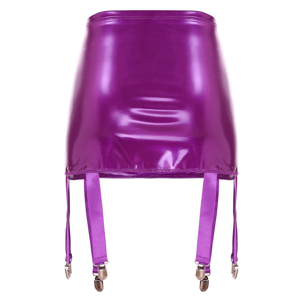 Sexy Women Wetlook PVC Leather Ruffled Skirts Party Low Waist Built-in Thongs Mini Skirt with Garter Belts Metal Clips Set Club