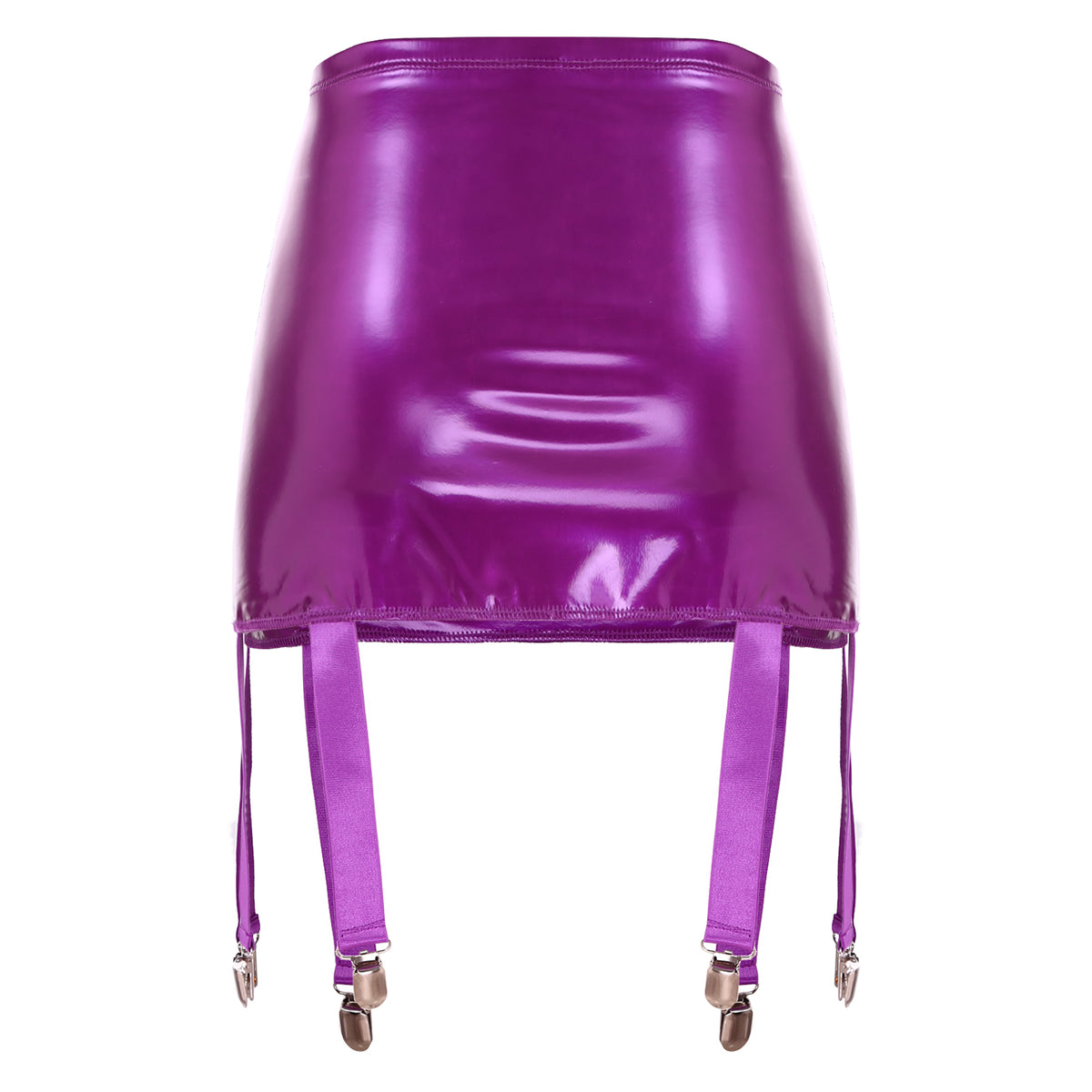 Sexy Women Wetlook PVC Leather Ruffled Skirts Party Low Waist Built-in Thongs Mini Skirt with Garter Belts Metal Clips Set Club