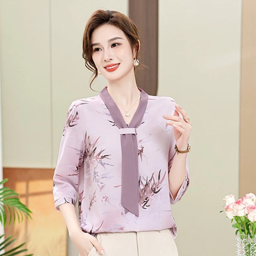 Fashion Printed Spring and Autumn shawl collar Women's Fashion Floral Checked Mid Sleeved Loose Chiffon Tops