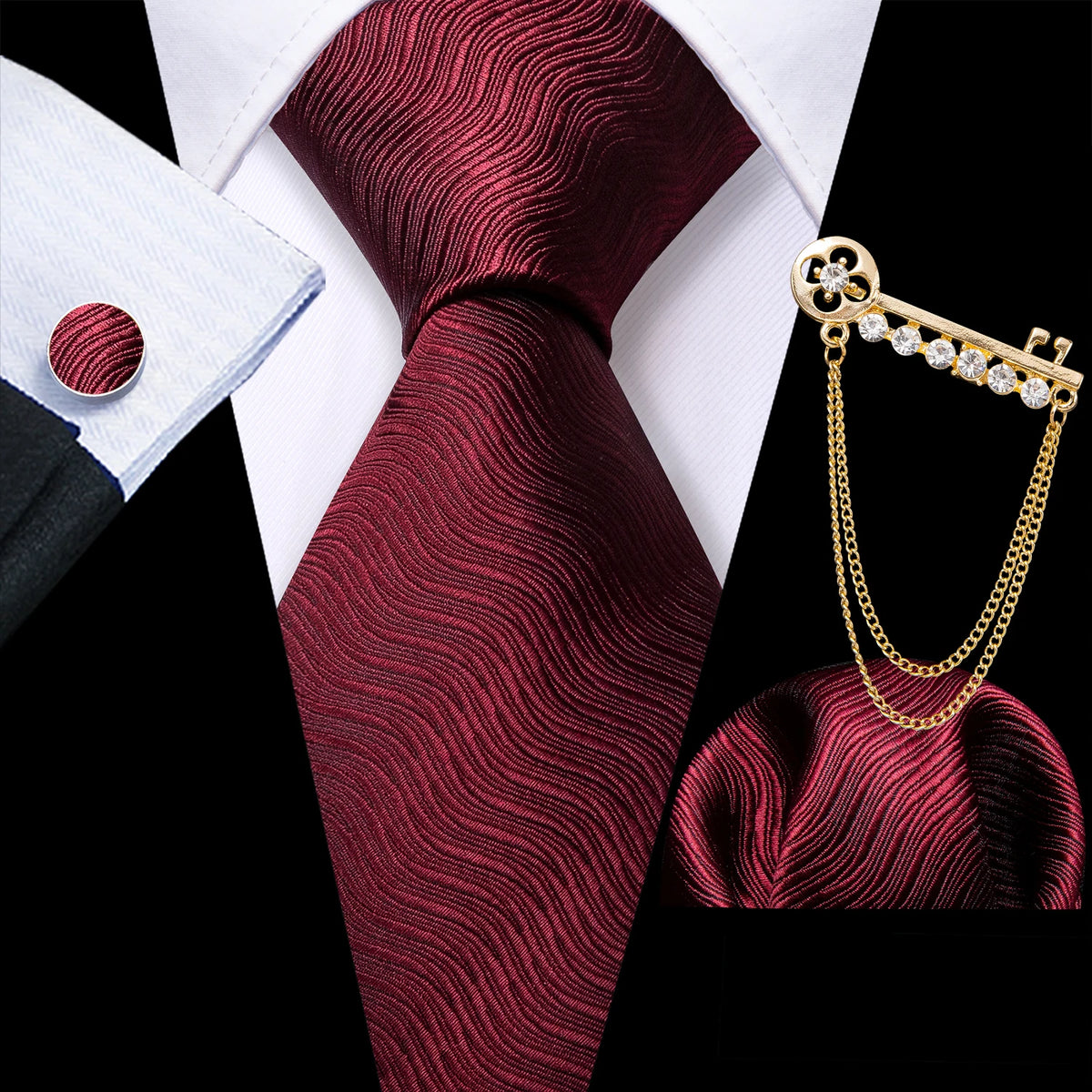 Burgundy Mens Tie Hanky Cufflinks Brooch Set Jacquard Red Wine Maroon Necktie Collar Pin For Male Wedding Events