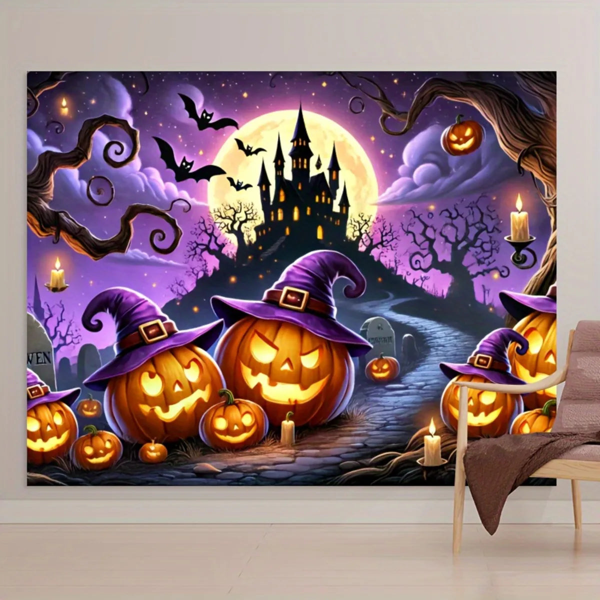Halloween Pumpkin Witch Background Set - Terrifying Witch, Pumpkin Lanterns, Haunted House - No Electricity Requiredzyc