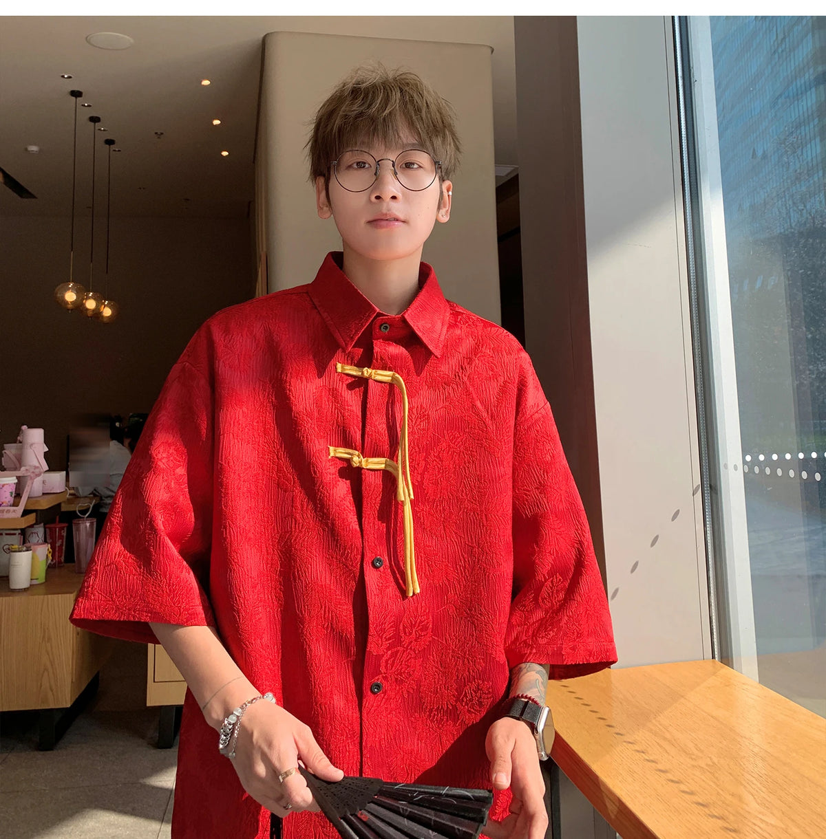 2024 Men Chinese Style Shirt Mens Tang Dress Hanfu Half-Sleeve Shirt Male Printing Kung Fu Outfit Loose Casual Tops